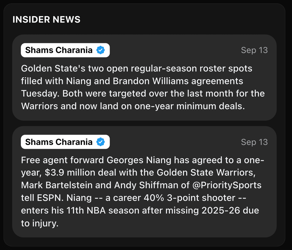 And One Insider News feed listing official team reports and insider updates on trades and injuries